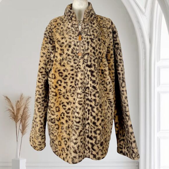 Y2K Fuzzy Brown Tan Soft Warm Leopard Animal Print Fleece Sweater M Medium - Picture 1 of 6
